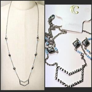 Charming Charlie Western Turquoise Blue Silver Tone Long Beaded Necklace NWT